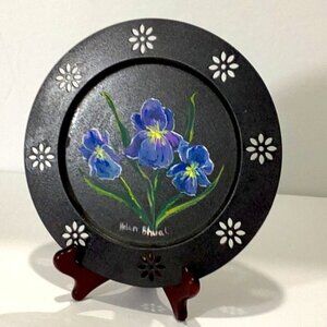 Vintage Metal Plate 8.5" Diameter Black w/ Blue Flowers signed Helen Bhual